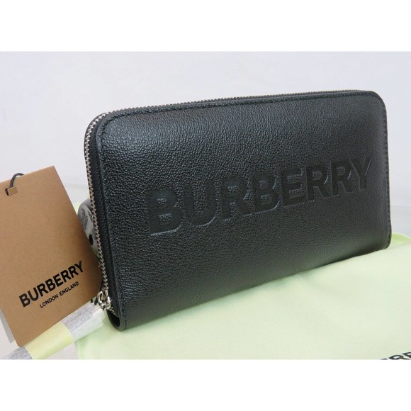 BURBERRY ELMORE BLACK LOGO EMBOSSED LEATHER ZIP AROUND CLUTCH CONTINENTAL WALLET - Picture 15 of 15